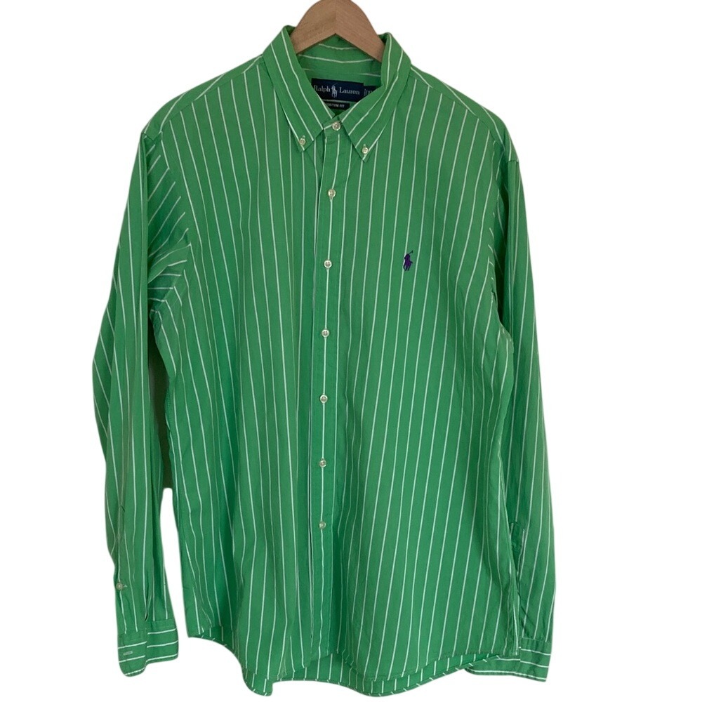 Ralph Lauren‎ Men's Custom Fit Green White Striped Button Down Shirt Size XL